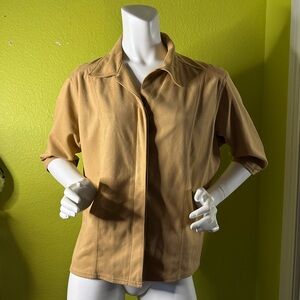 Kathy Ireland Tan “Suede” Half-sleeve Collared Button-up Blouse